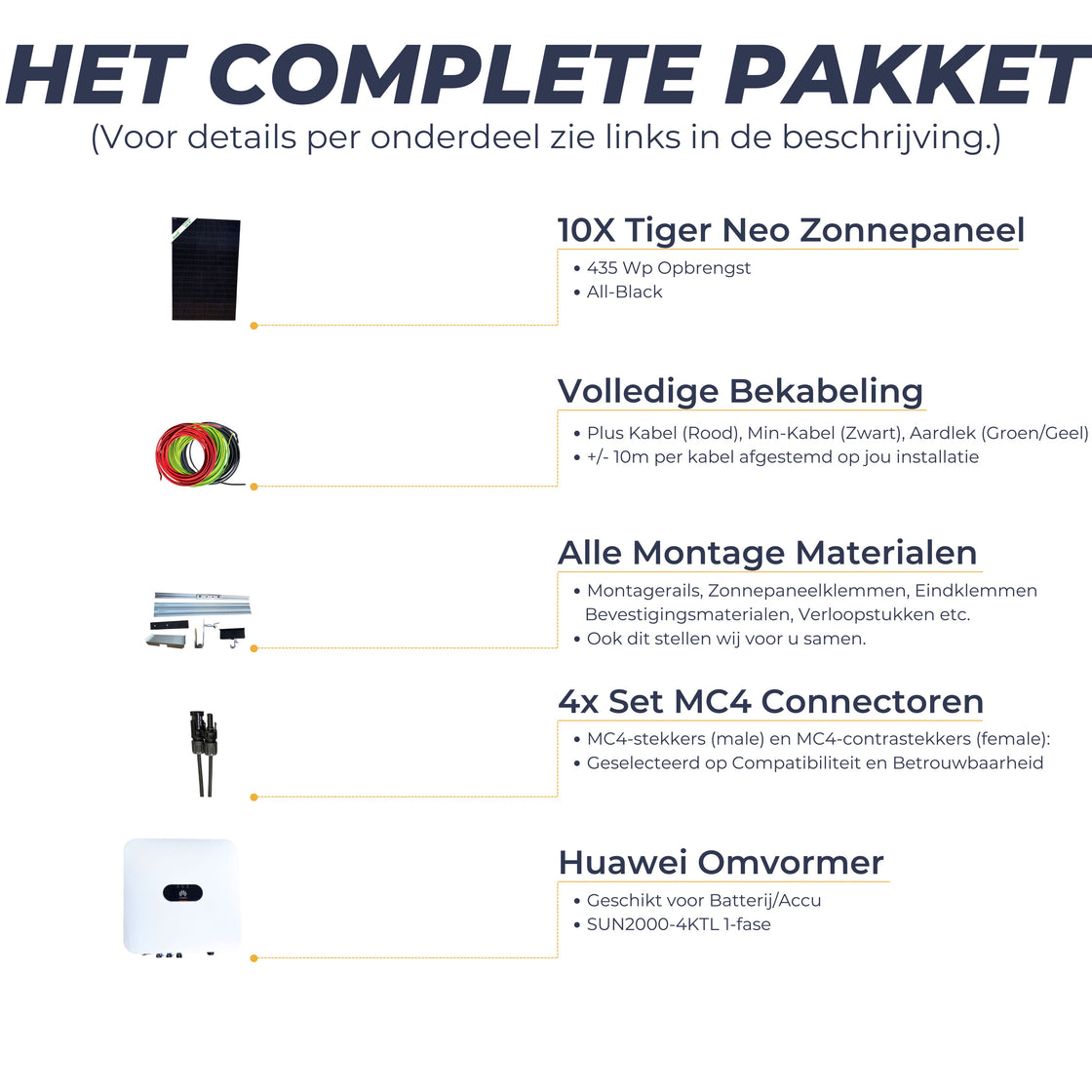All-In Pakket 10 Zonnepanelen - 10x Jinko Solar Tiger Neo 435Wp, Huawei Omvormer, Kabels, Connectors en Montage Materiaal - Doe het zelf