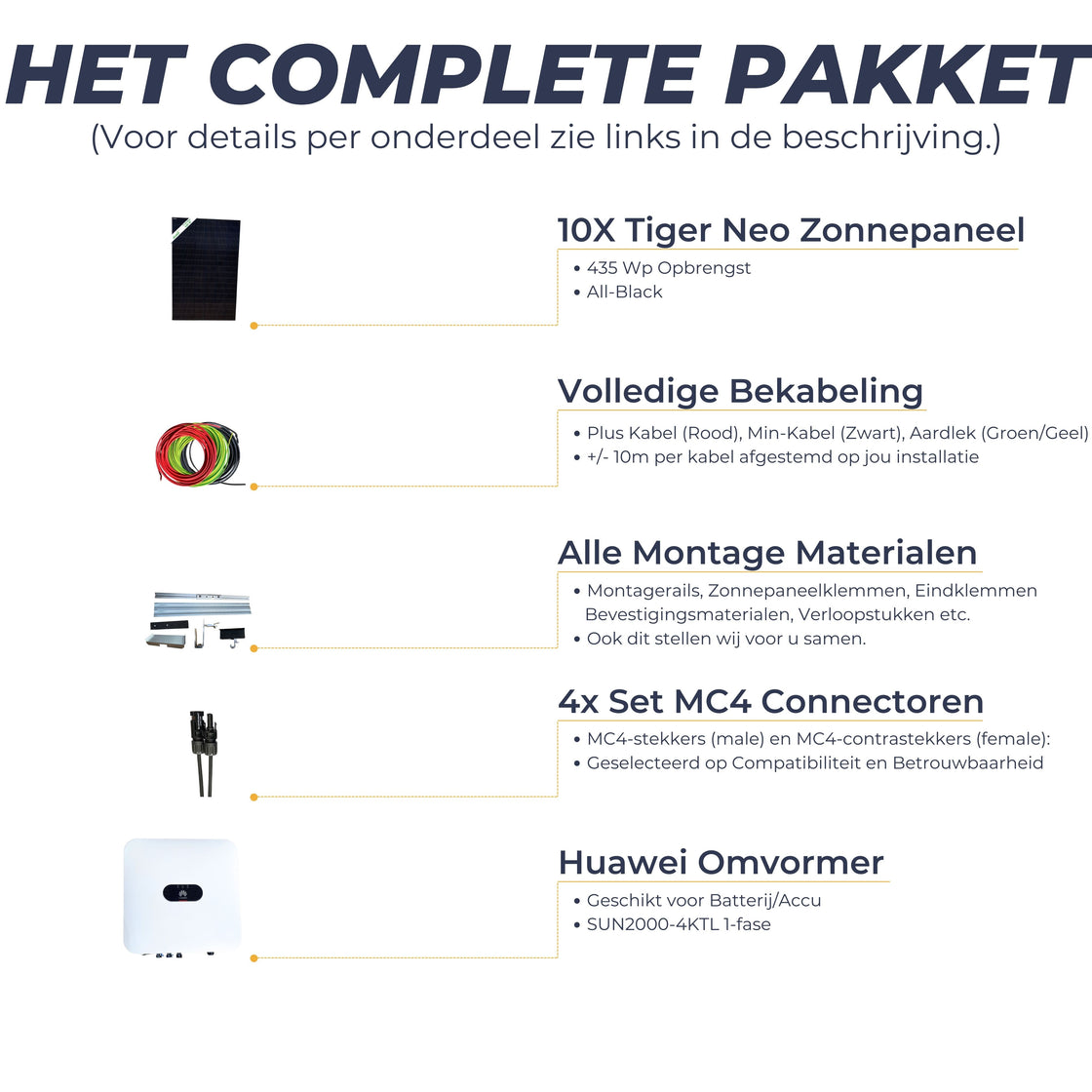 All-In Pakket 10 Zonnepanelen - 10x Jinko Solar Tiger Neo 435Wp, Huawei Omvormer, Kabels, Connectors en Montage Materiaal - Inclusief Installatie