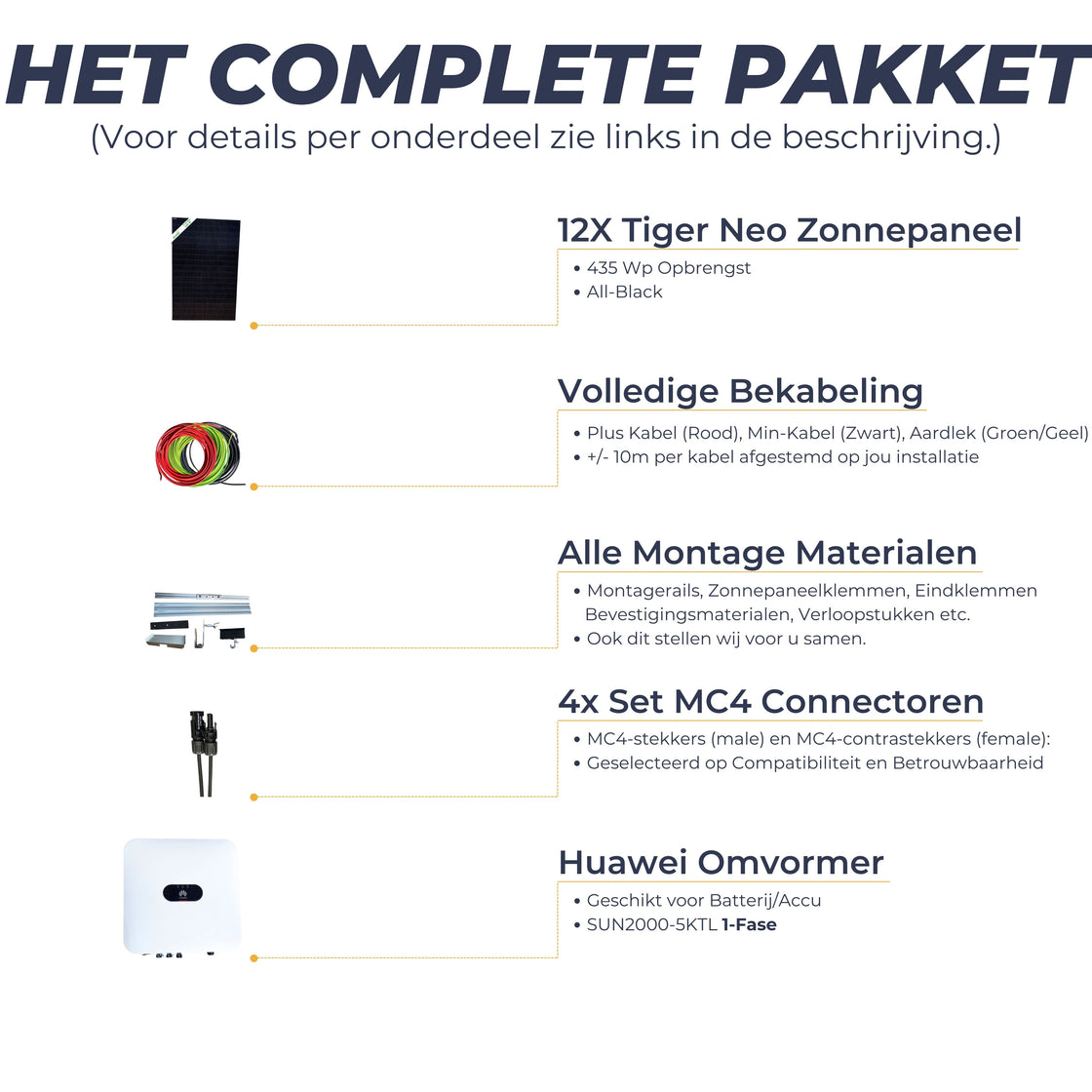 All-In Pakket 12 Zonnepanelen - 12x Jinko Solar Tiger Neo 435Wp, Huawei Omvormer, Kabels, Connectors en Montage Materiaal - Inclusief Installatie
