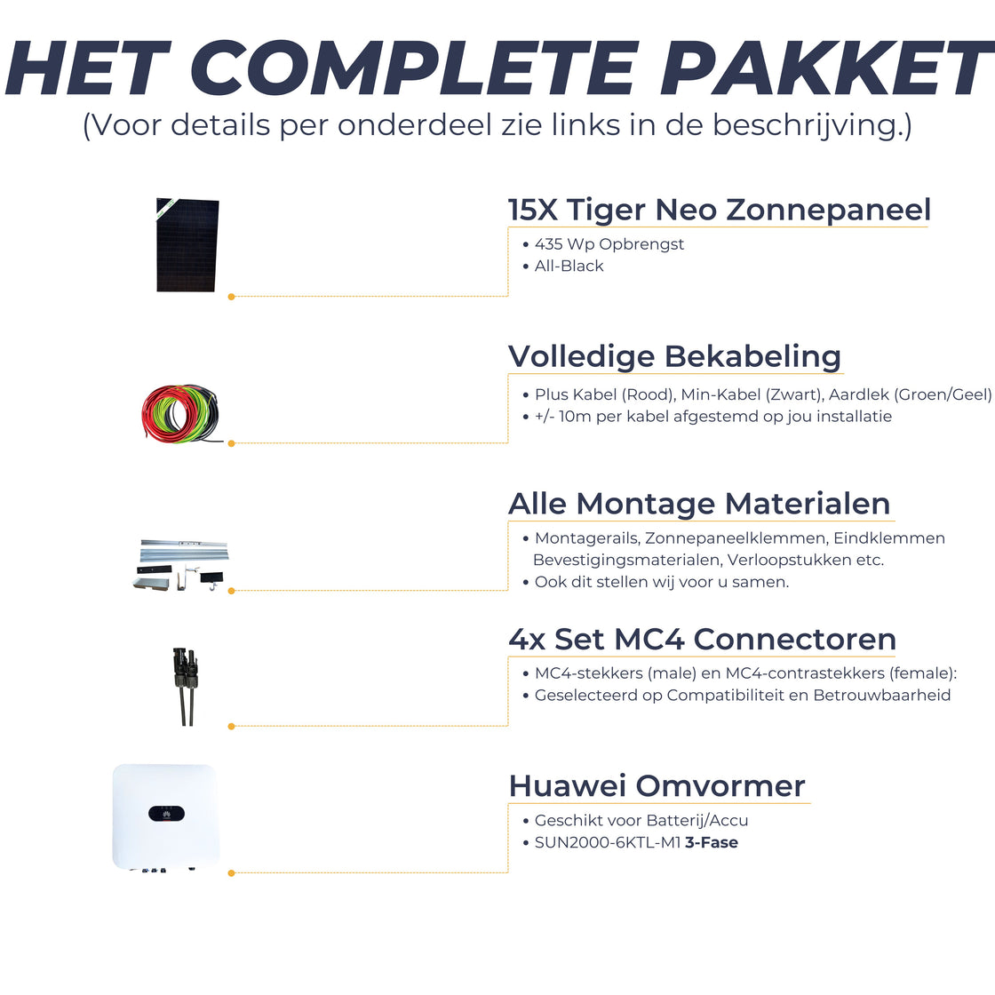 All-In Pakket 15 Zonnepanelen - 15x Jinko Solar Tiger Neo 435Wp, Huawei Omvormer, Kabels, Connectors en Montage Materiaal - Doe het zelf