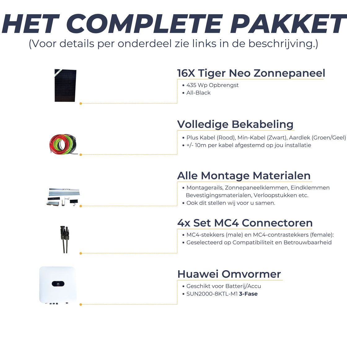 All-In Pakket 16 Zonnepanelen - 16x Jinko Solar Tiger Neo 435Wp, Huawei Omvormer, Kabels, Connectors en Montage Materiaal - Inclusief Installatie