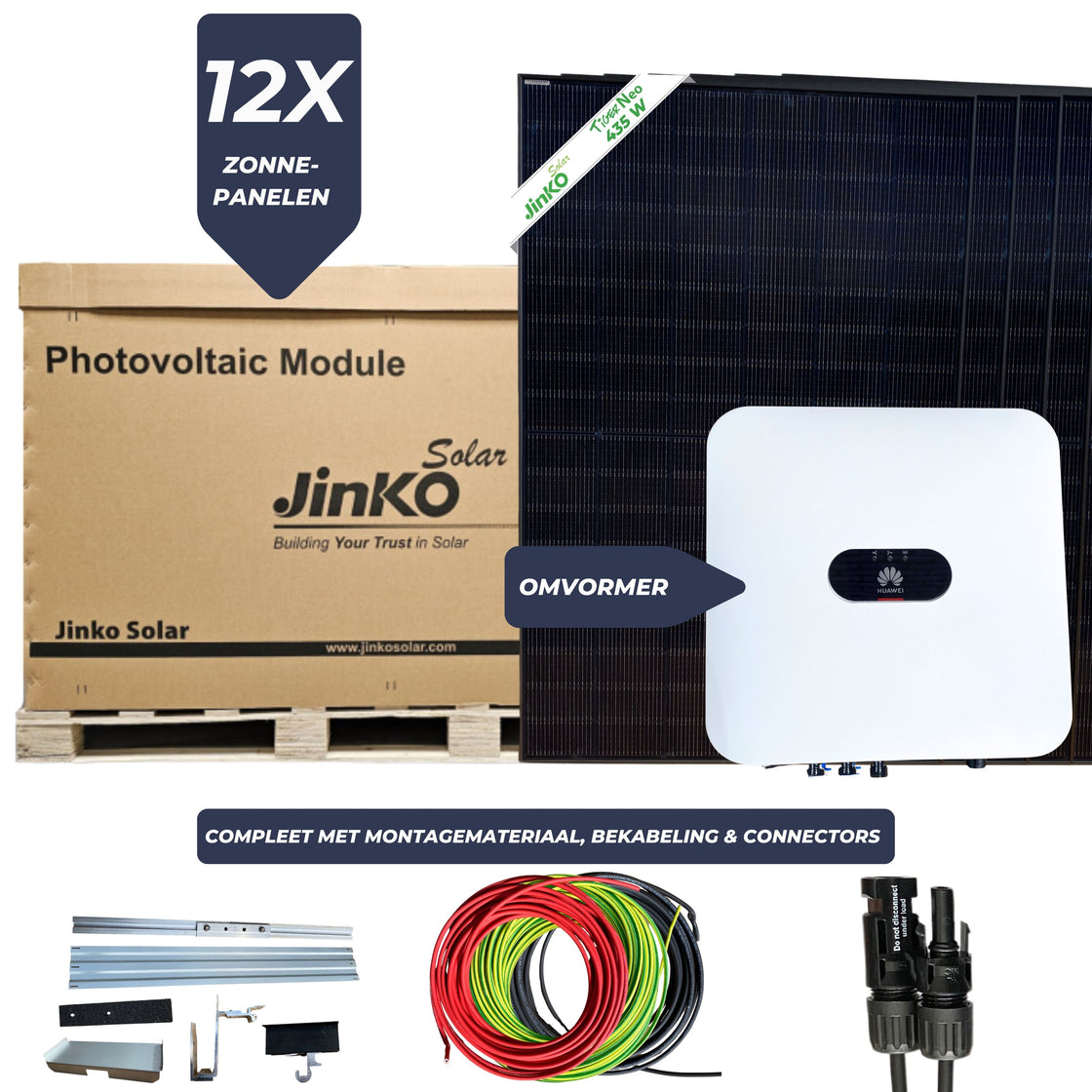 All-In Pakket 12 Zonnepanelen - 12x Jinko Solar 435Wp, Huawei omvormer, Kabels, Connectors en Montage Materiaal - Doe het zelf