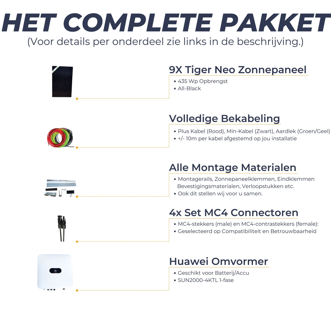 All-In Pakket 9 Zonnepanelen - 9x Jinko Solar Tiger Neo 435Wp, Huawei Omvormer, Kabels, Connectors en Montage Materiaal - Inclusief Installatie