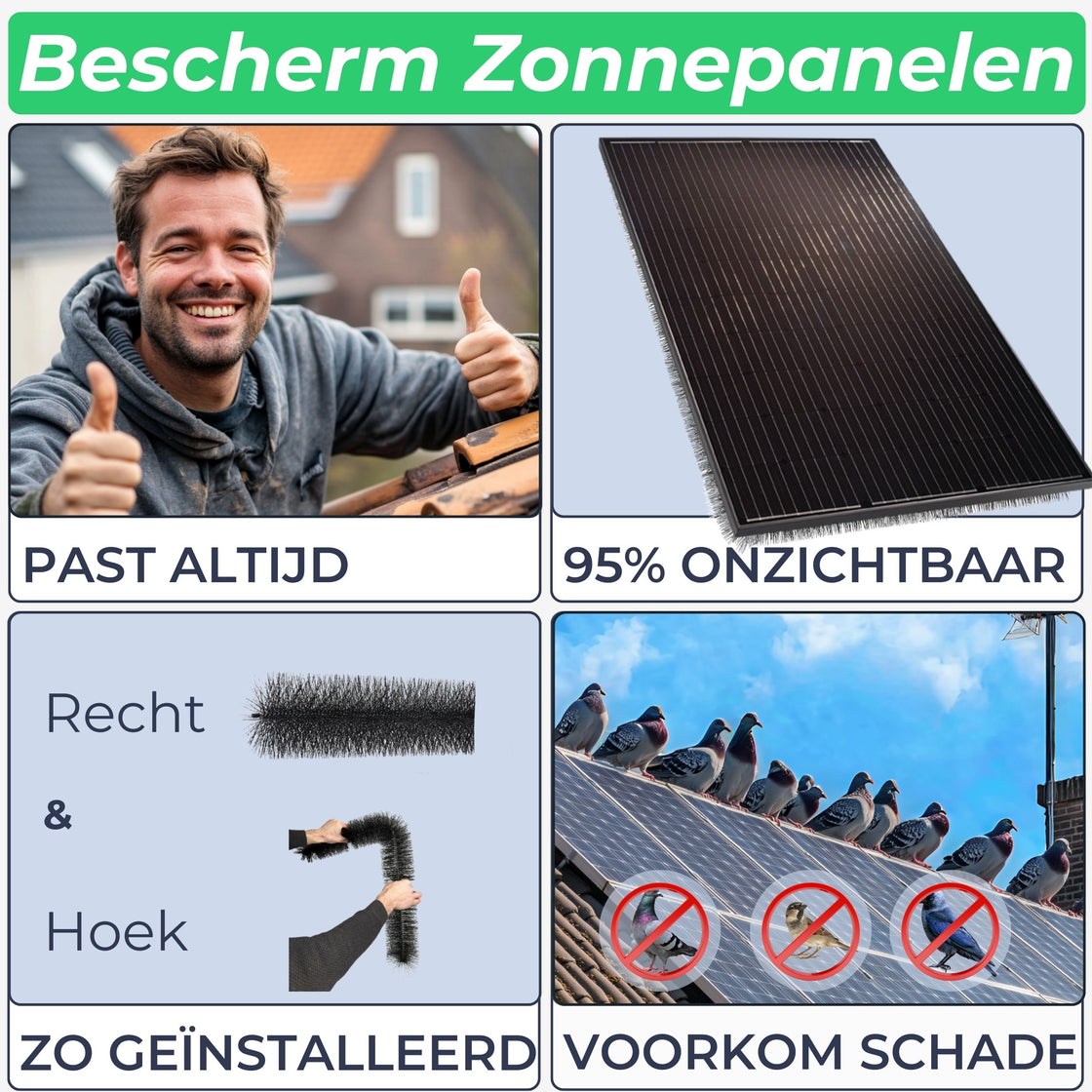 WATTR Vogelwering Borstels – 10 t/m 50 Meter Bescherming voor Zonnepanelen & Dakgoten – Duurzaam, Onzichtbaar & Effectief tegen Kauwen, Duiven & Mussen